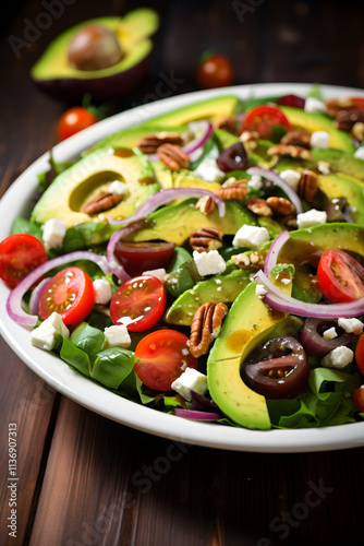 Rustic Feast: Vibrant and Fresh Avocado Salad garnished with Feta Cheese and Pecans