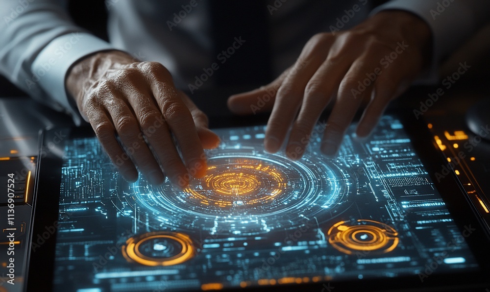 Close-up of hands using futuristic tablet interface. Close-up of hands using futuristic tablet interface.