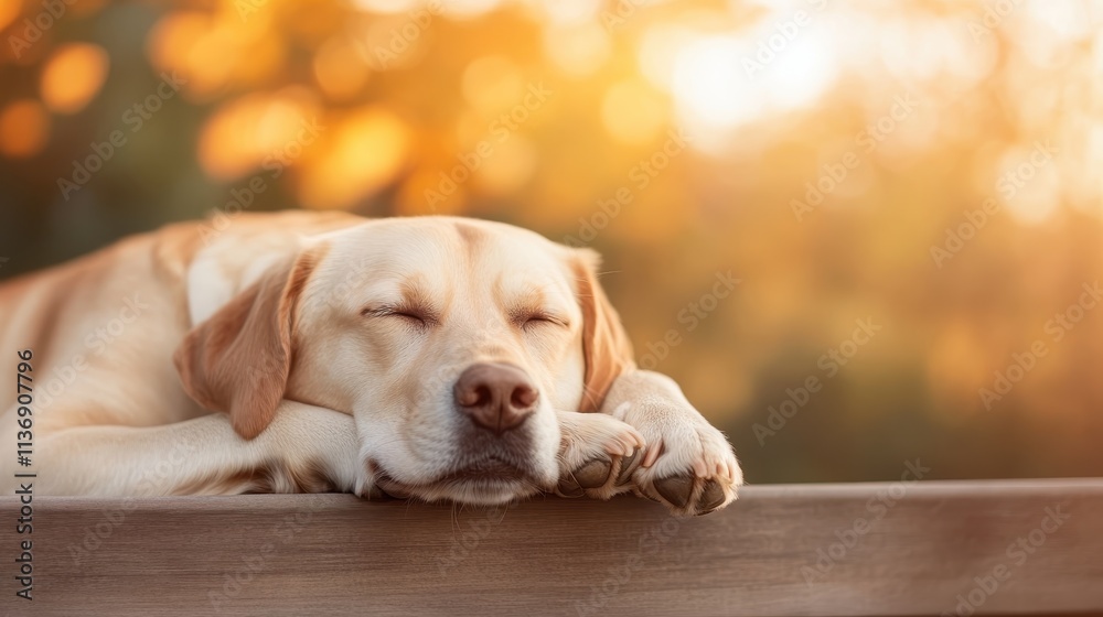 A golden retriever peacefully naps on a wooden bench, enveloped in warm sunlight amidst an autumn backdrop, embodying ultimate relaxation and contentment. A golden retriever peacefully naps on a wooden bench, enveloped in warm sunlight amidst an autumn backdrop, embodying ultimate relaxation and contentment.