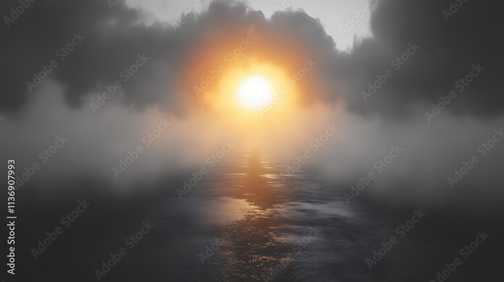 Golden Sunset Over Foggy Calm Ocean Waters