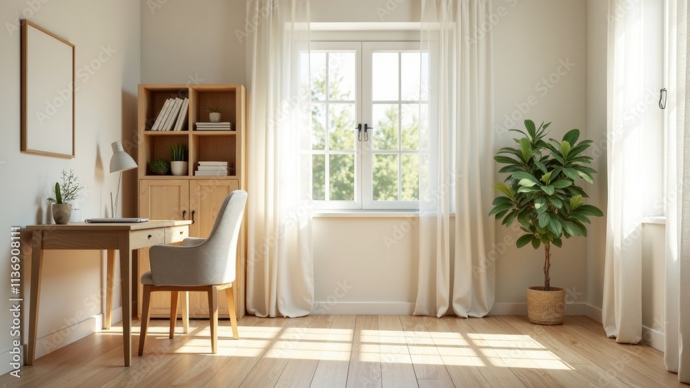 Fototapeta premium Airy and Inviting Home Office Design with Natural Light, Desk, and Potted Plant