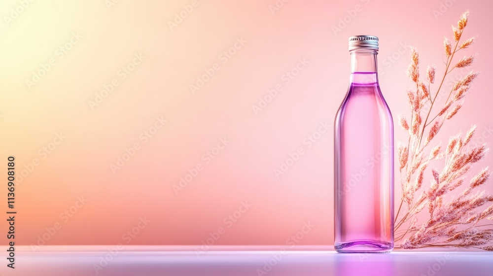 A mesmerizing bottle with purple liquid paired with a delicate floral background, evoking serenity, artistry, and a hint of whimsy in gentle, warm hues. A mesmerizing bottle with purple liquid paired with a delicate floral background, evoking serenity, artistry, and a hint of whimsy in gentle, warm hues.
