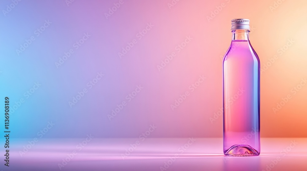 A uniquely shaped bottle showcases a blend of purple, pink, and orange hues in a vivid gradient, embodying creativity and modern artistic sensibilities. A uniquely shaped bottle showcases a blend of purple, pink, and orange hues in a vivid gradient, embodying creativity and modern artistic sensibilities.