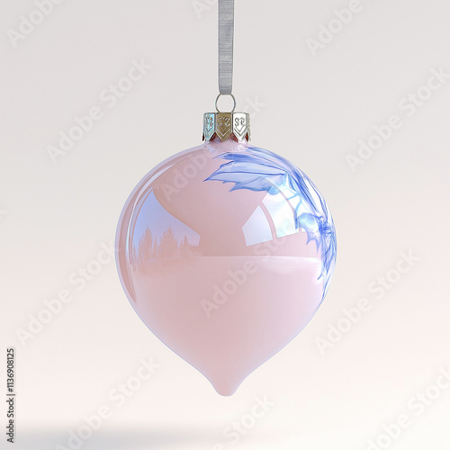 A pastel pink Christmas ornament with blue holly leaves suspended by a ribbon. Soft and elegant festive decor. photo