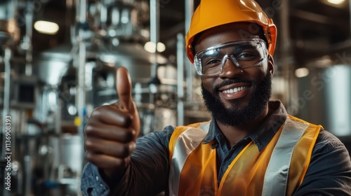 A smiling worker in a hard hat and safety vest gives a thumbs up, symbolizing safety, satisfaction, and the human element in industrial environments. photo