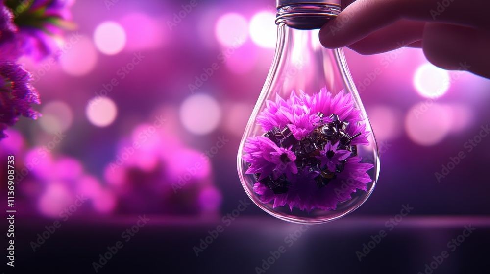 Fototapeta premium Hand holding light bulb filled with purple flowers and metallic components against pink bokeh background.