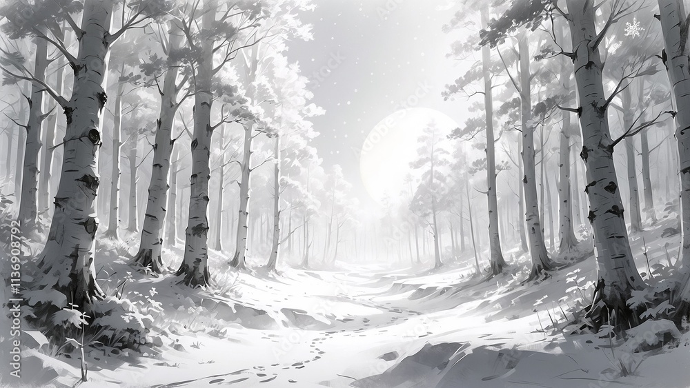 Black and white artistic illustration of a snowy forest path with a bright moon and footprints