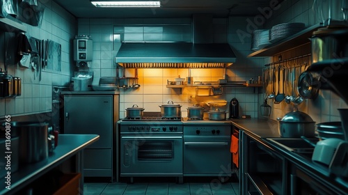 Warm glow of a bustling kitchen during late evening meal preparations and culinary creativity