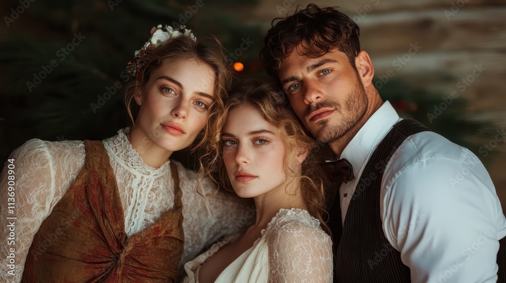 Obraz premium Three individuals in vintage attire pose together, exuding elegance and timeless charm against a rustic backdrop with soft lighting enhancing their expressions.