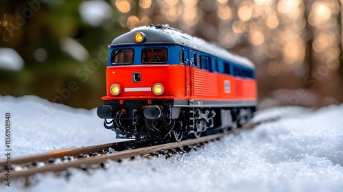 Model Train in Winter Landscape with Snow and Sunset Background photo