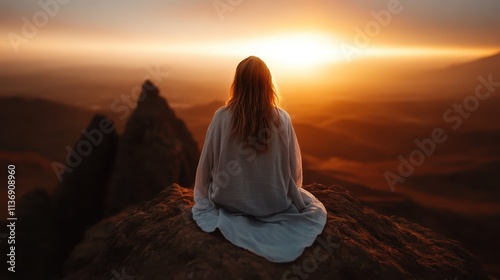 A lone figure in a white garment sits on a rocky cliff, gazing at the sunlit horizon, evoking feelings of freedom, hope, and endless possibilities. photo