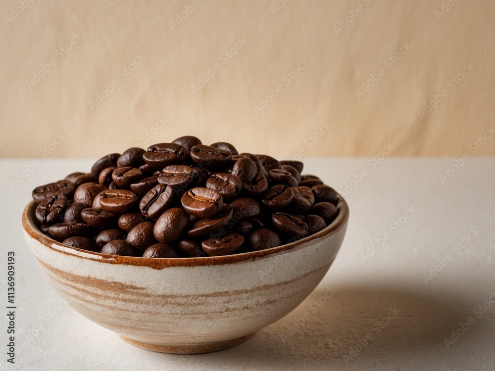 Rustic ceramic bowl filled with roasted coffee beans Rustic ceramic bowl filled with roasted coffee beans