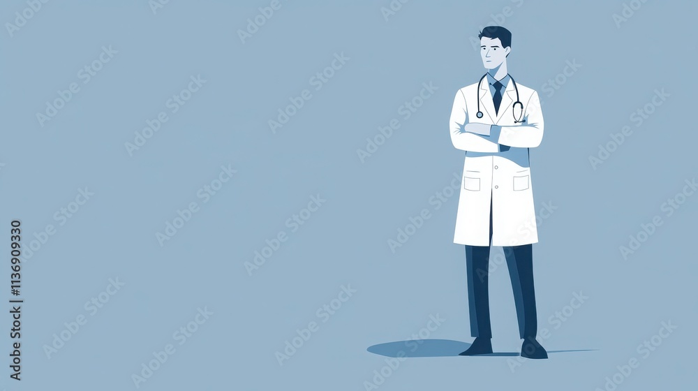 A portrait of a male doctor in a lab coat, arms crossed, standing against a light blue background. He appears confident and professional. A portrait of a male doctor in a lab coat, arms crossed, standing against a light blue background. He appears confident and professional.