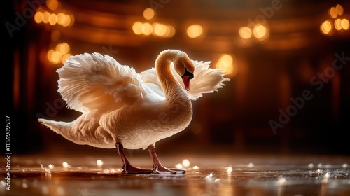 A majestic swan gracefully spreads its wings on a softly illuminated stage, embodying elegance and poise, reminiscent of ballet performances and artistic beauty. photo