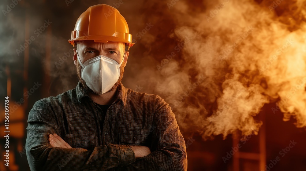 A person wearing a protective mask and hard hat stands confidently with crossed arms amidst a smoky setting, emphasizing safety and strength in challenging environments. A person wearing a protective mask and hard hat stands confidently with crossed arms amidst a smoky setting, emphasizing safety and strength in challenging environments.