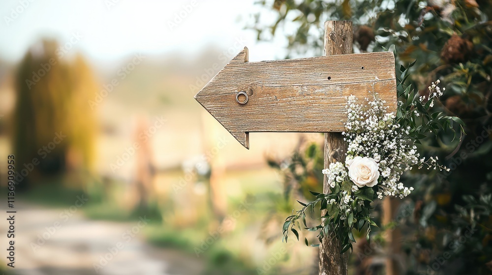 Naklejka premium Wooden Arrow Sign at Wedding Venue A rustic wooden arrow sign adorned with wedding rings, guiding guests to the ceremony location. Perfect for outdoor or country-style weddings.