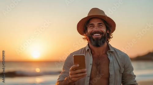 A joyful man with a beard and straw hat smiles broadly at a sunset beach while holding a smartphone, capturing the essence of happiness and serenity in leisure moments.
