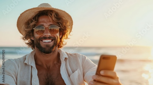 A smiling man wearing sunglasses and a straw hat enjoys leisure while holding a smartphone at a beach sunset, symbolizing connection, happiness, and relaxation.