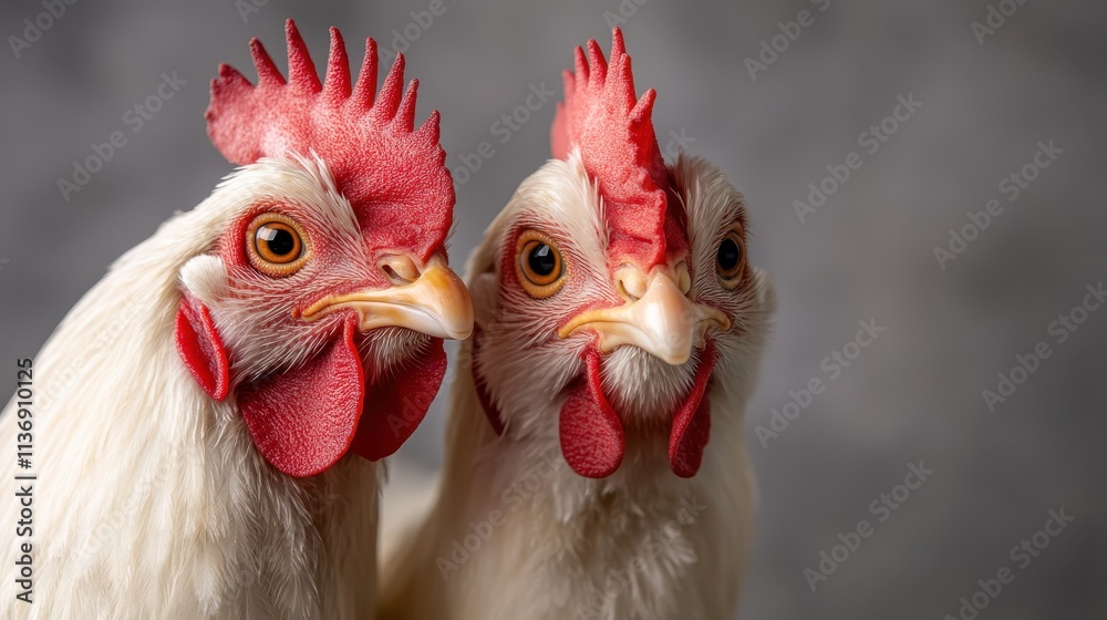Fototapeta premium A close-up portrait of two roosters with striking red combs, showcasing their intense gaze and the detailed intricacies of their plumage.