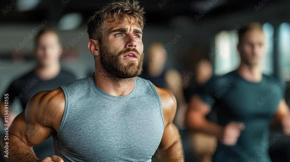 A muscular man with a beard is intensely focused during a workout session at the gym, emphasizing determination and physical fitness in an athletic environment. A muscular man with a beard is intensely focused during a workout session at the gym, emphasizing determination and physical fitness in an athletic environment.