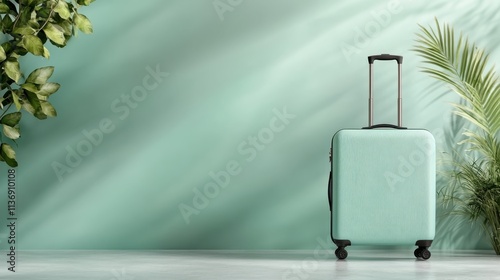 A mint green suitcase stands upright confidently against a pastel backdrop, embodying a wide world of travel possibilities and chic style. photo