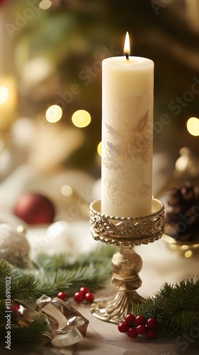 Elegant Christmas Candle with Festive Decorations in Vertical Format
