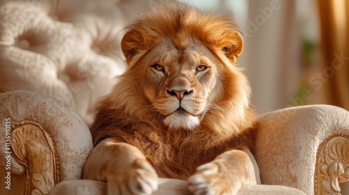 A majestic lion sits gracefully in a plush armchair, displaying authority and elegance, surrounded by opulent indoor décor, embodying power and sophistication. photo