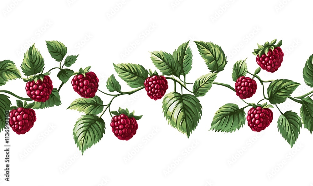 Raspberry Branch with Lush Green Leaves and Ripe Berries Raspberry Branch with Lush Green Leaves and Ripe Berries