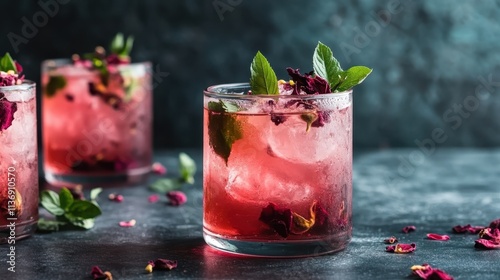 A chic pink cocktail beautifully garnished with fresh mint leaves and decorative floral elements, served over ice, embodying sophistication and refreshment. photo