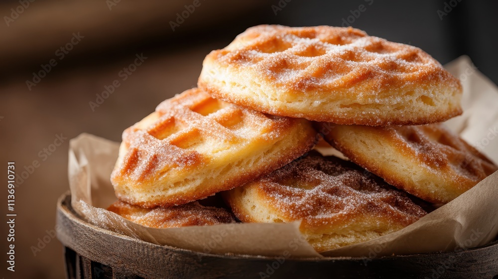 A mouthwatering stack of sugar-dusted waffles is beautifully arranged in a basket lined with parchment, exuding the comforting aroma of freshly baked delights. A mouthwatering stack of sugar-dusted waffles is beautifully arranged in a basket lined with parchment, exuding the comforting aroma of freshly baked delights.