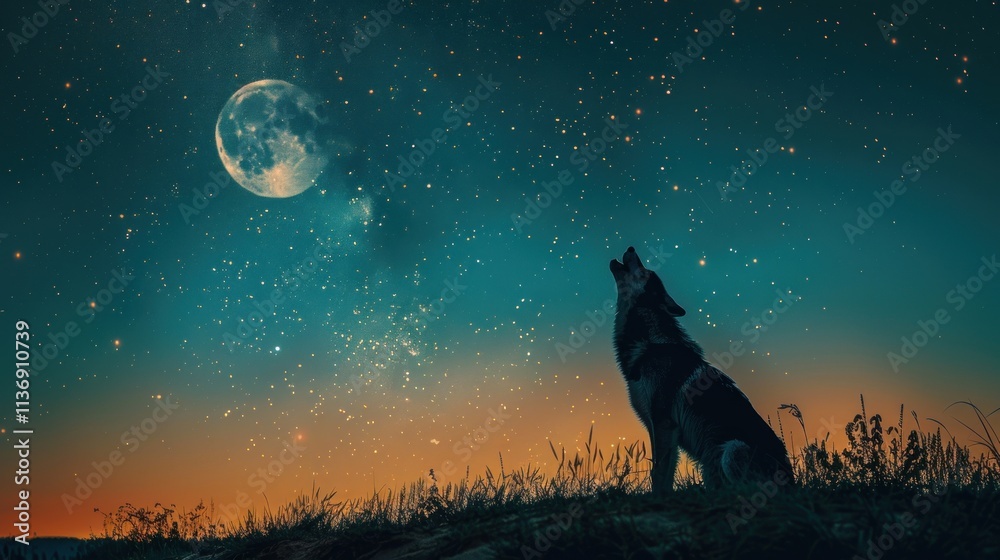 Wolf howling at night under a full moon and starry sky.