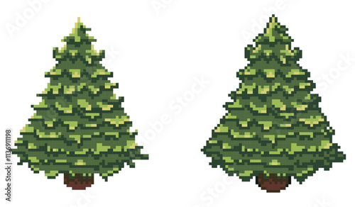 Two pixel art evergreen trees side by side