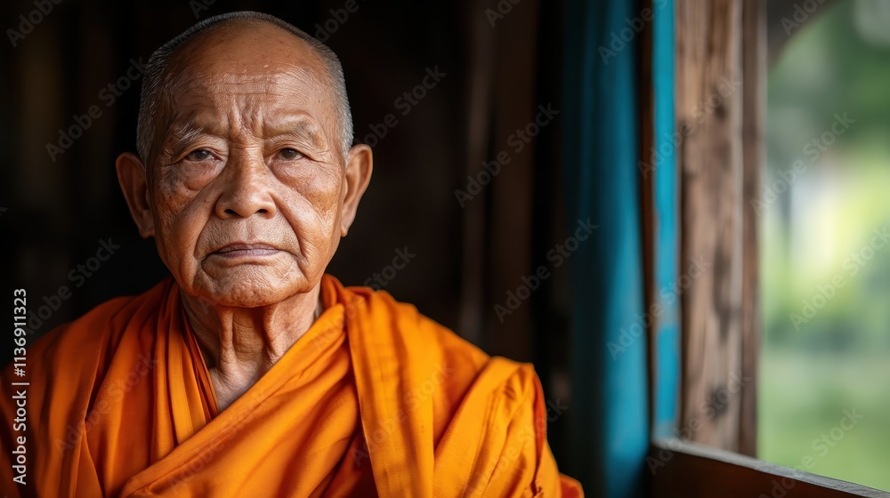 Naklejka premium A contemplative elder monk is depicted in a peaceful, softly lit setting, dressed in traditional orange robes, conveying wisdom and tranquility through serene expression.