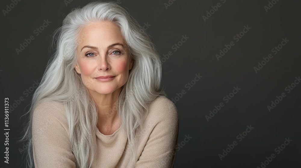 A graceful woman with radiant silver hair smiles warmly, embodying elegance and maturity while leaning gently forward against a simple, dark backdrop. A graceful woman with radiant silver hair smiles warmly, embodying elegance and maturity while leaning gently forward against a simple, dark backdrop.