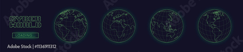 Digital Globe Earth set in cyber style. Wireframe globes with grid. Europe, Asia, Africa, and America. Futuristic neon green design on a dark background. Vector illustration