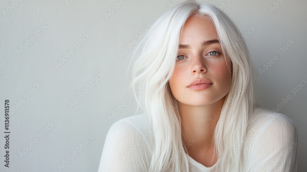 A young woman with striking white hair stares reflectively in soft, natural light. Her calm demeanor highlights a serene introspective moment amidst gentle illumination. A young woman with striking white hair stares reflectively in soft, natural light. Her calm demeanor highlights a serene introspective moment amidst gentle illumination.