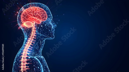 Medical infographic highlighting the human brain and spinal cord with a transparent design