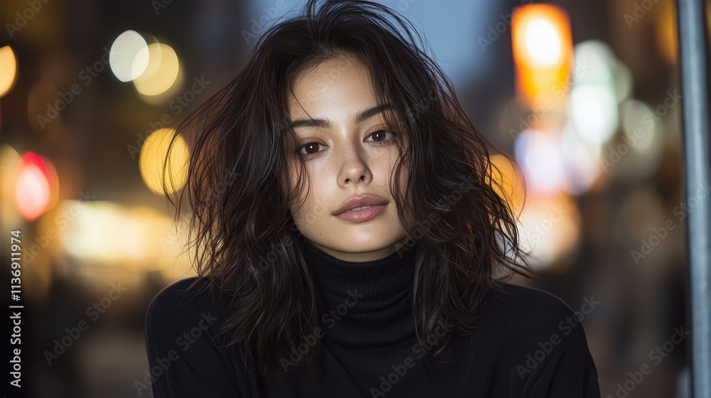 Evening urban lights frame a woman with dark hair. The warm bokeh effect and her captivating gaze create a mysterious yet inviting mood in the urban setting. Evening urban lights frame a woman with dark hair. The warm bokeh effect and her captivating gaze create a mysterious yet inviting mood in the urban setting.