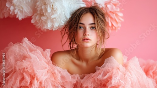 A woman, adorned in pink ruffles and surrounded by soft floral backdrops, exudes an ethereal and dreamy quality, creating a delicate and whimsical image.