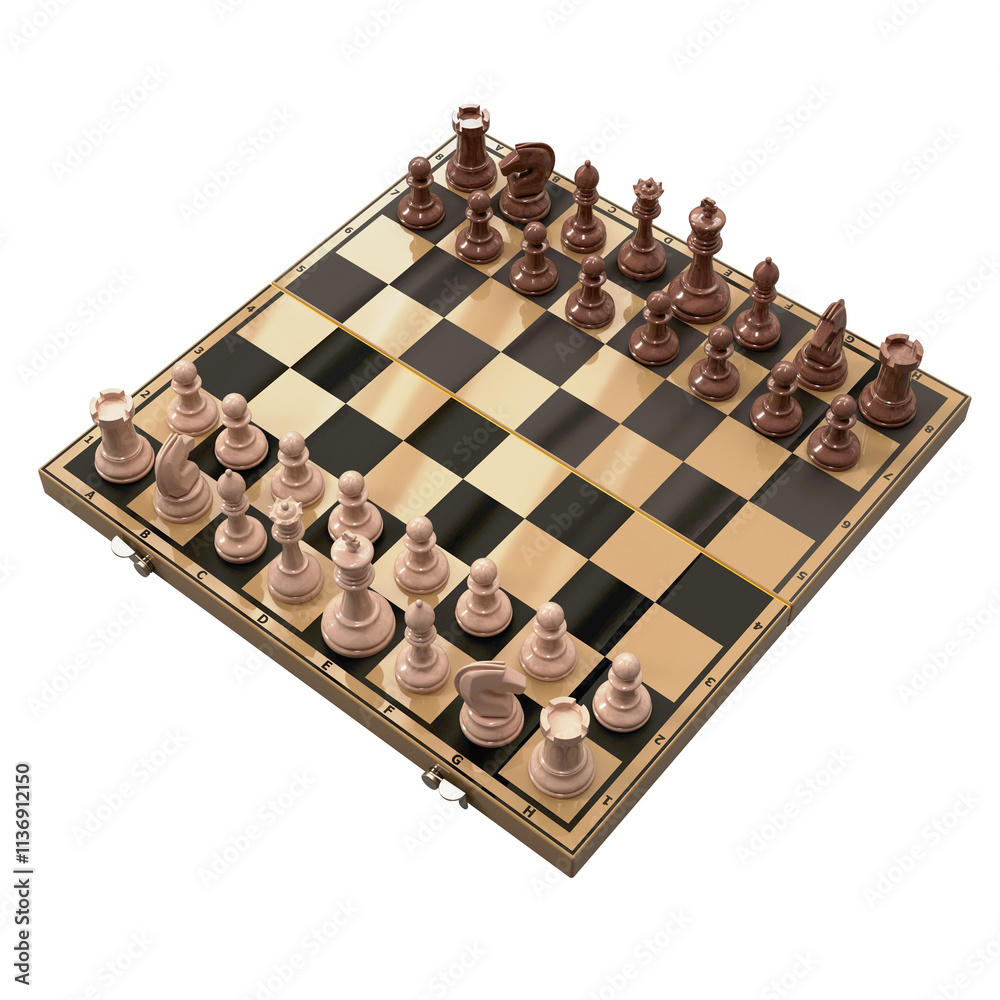 Chess pieces on the board in the starting position. Isolated. Transparent background. 3D Rendering.