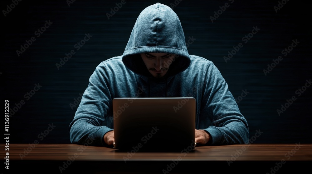 Hooded man sitting at a table working on a laptop. Cybersecurity, hacking, and technology concept. Hooded man sitting at a table working on a laptop. Cybersecurity, hacking, and technology concept.