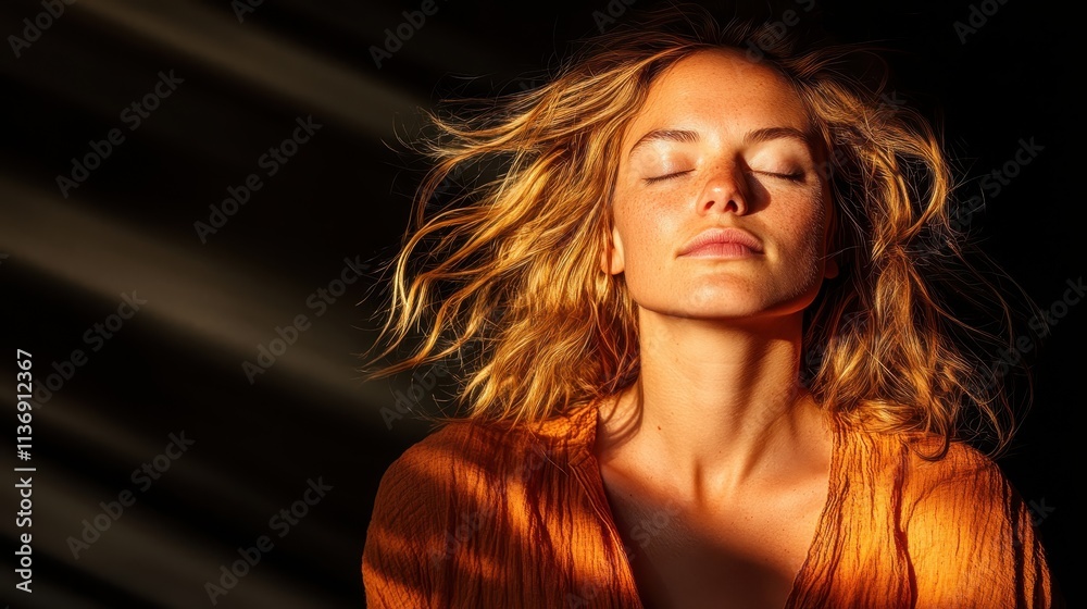 A woman basks contentedly in warm, golden sunlight, eyes closed in peaceful tranquility, embodying radiant serenity and a deep connection with nature. A woman basks contentedly in warm, golden sunlight, eyes closed in peaceful tranquility, embodying radiant serenity and a deep connection with nature.