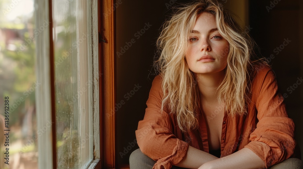 A woman in an orange shirt is seen sitting by a window, gazing outside with a soft and contemplative expression as natural light illuminates her face. A woman in an orange shirt is seen sitting by a window, gazing outside with a soft and contemplative expression as natural light illuminates her face.