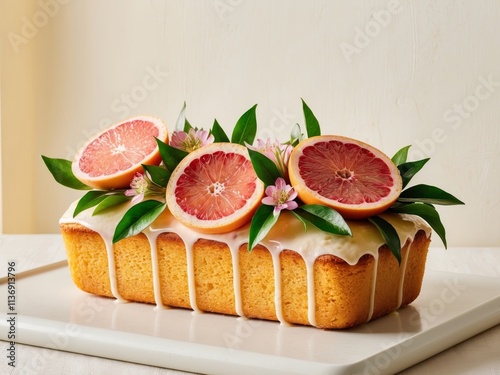 citrus loaf cake with pink grapefruit decoration on top photo