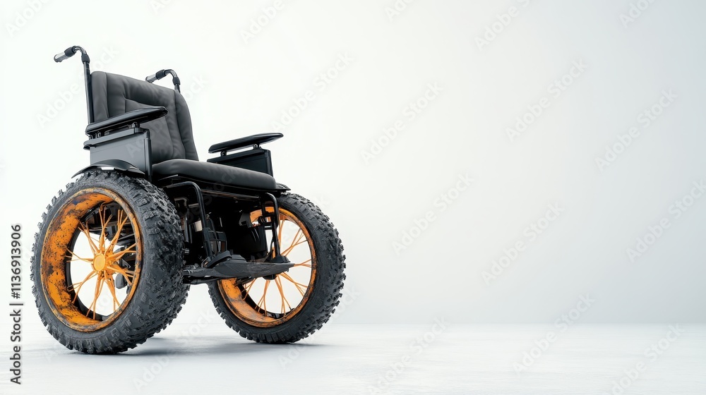 Naklejka premium A sleek, modern wheelchair featuring rugged, vibrant orange tires, merging functionality with contemporary design for improved mobility and stylish looks indoors and outdoors.
