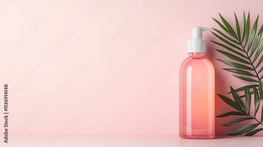 A sleek plastic pump bottle containing pink liquid sits beside vibrant green leaves, set against a pastel pink background, exuding freshness and vitality. A sleek plastic pump bottle containing pink liquid sits beside vibrant green leaves, set against a pastel pink background, exuding freshness and vitality.