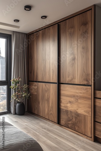 Modern wooden sliding door wardrobe in minimalist bedroom. photo