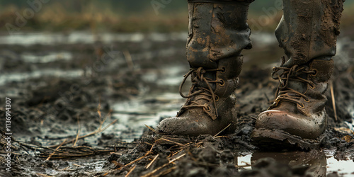 Mud-Covered Leather Boots in Wetland photo