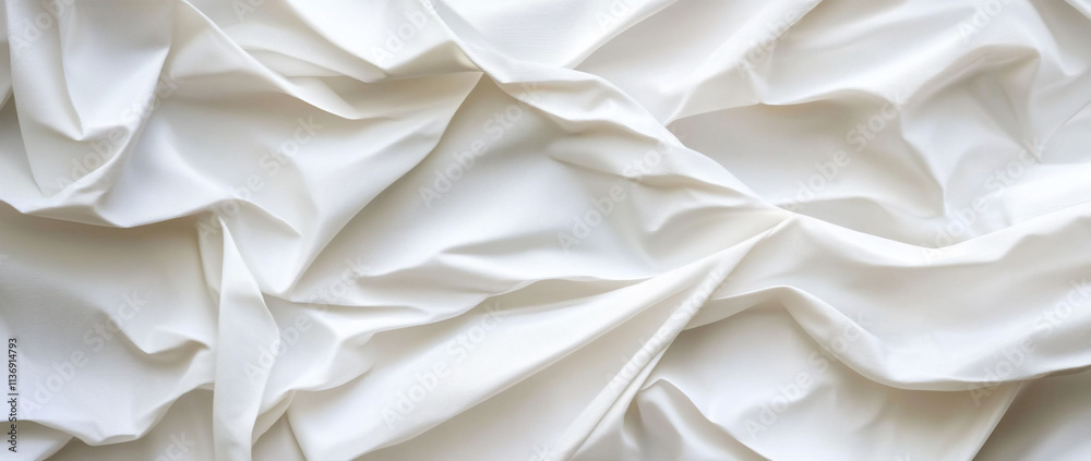 Textured white fabric with soft folds and creases. Textured white fabric with soft folds and creases.