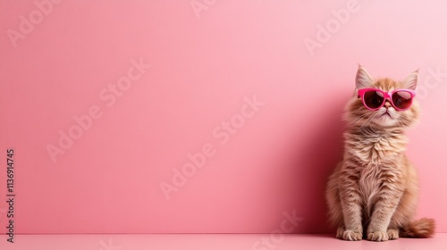 Adorable orange cat wearing stylish pink sunglasses sitting against a pink backdrop, exuding charm and fashion sense in a playful and vibrant setting.